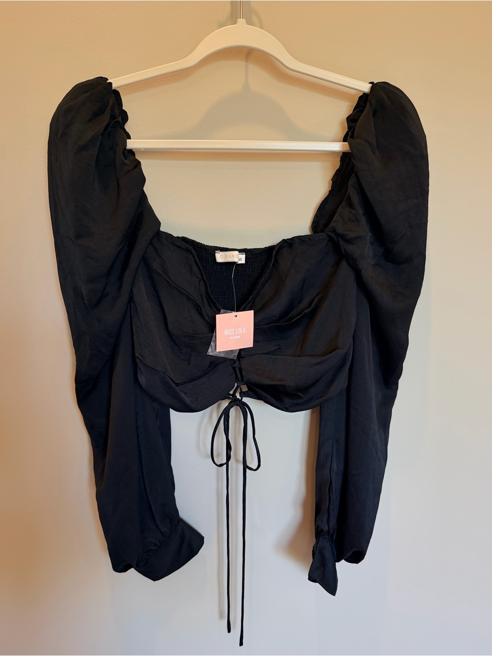 Miss Lola Puff Sleeve Lace Up Crop Top Black Size S NWT